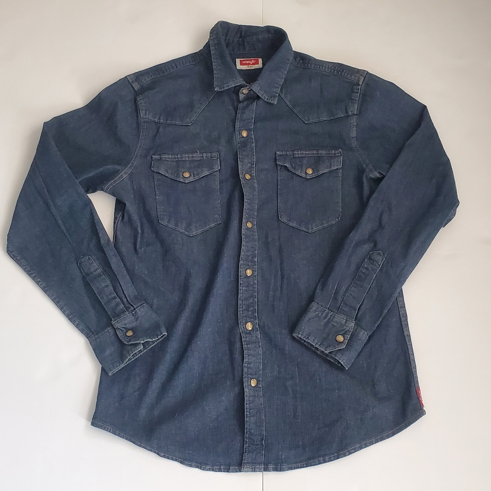 Wrangler Shirt Mens Small Blue Denim Western Snap Long Sleeve Cowboy Casual